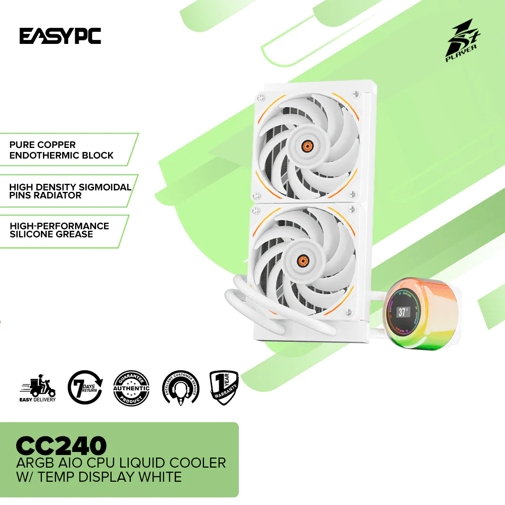 1stplayer CC240 ARGB AIO CPU Liquid Cooler w/ Temp Display White - Image 2