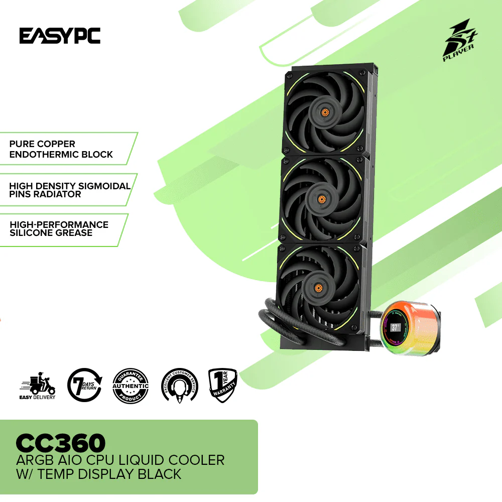 1stplayer CC360 ARGB AIO CPU Liquid Cooler w/ Temp Display Black - Image 2