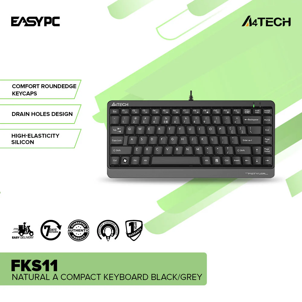 A4tech FKS11 Natural A Compact Keyboard Black/grey High-Elasticity Silicon Comfort Roundedge Keycaps - Image 2