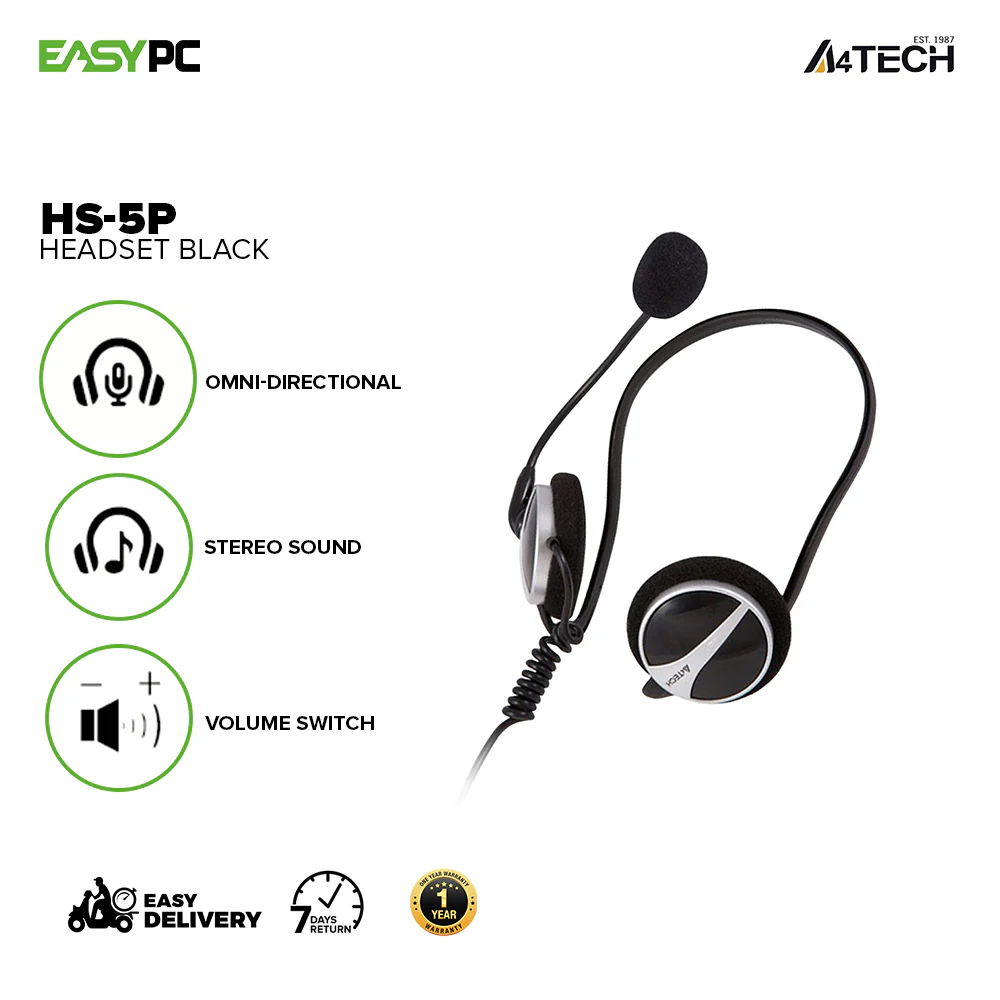 A4Tech HS-5P, Earphone Hook 3.5mm Earphone and Microphone Plug, Omnidirectional Noise-cancelling Mic, Tangle-free Cable Headset Black - Image 2
