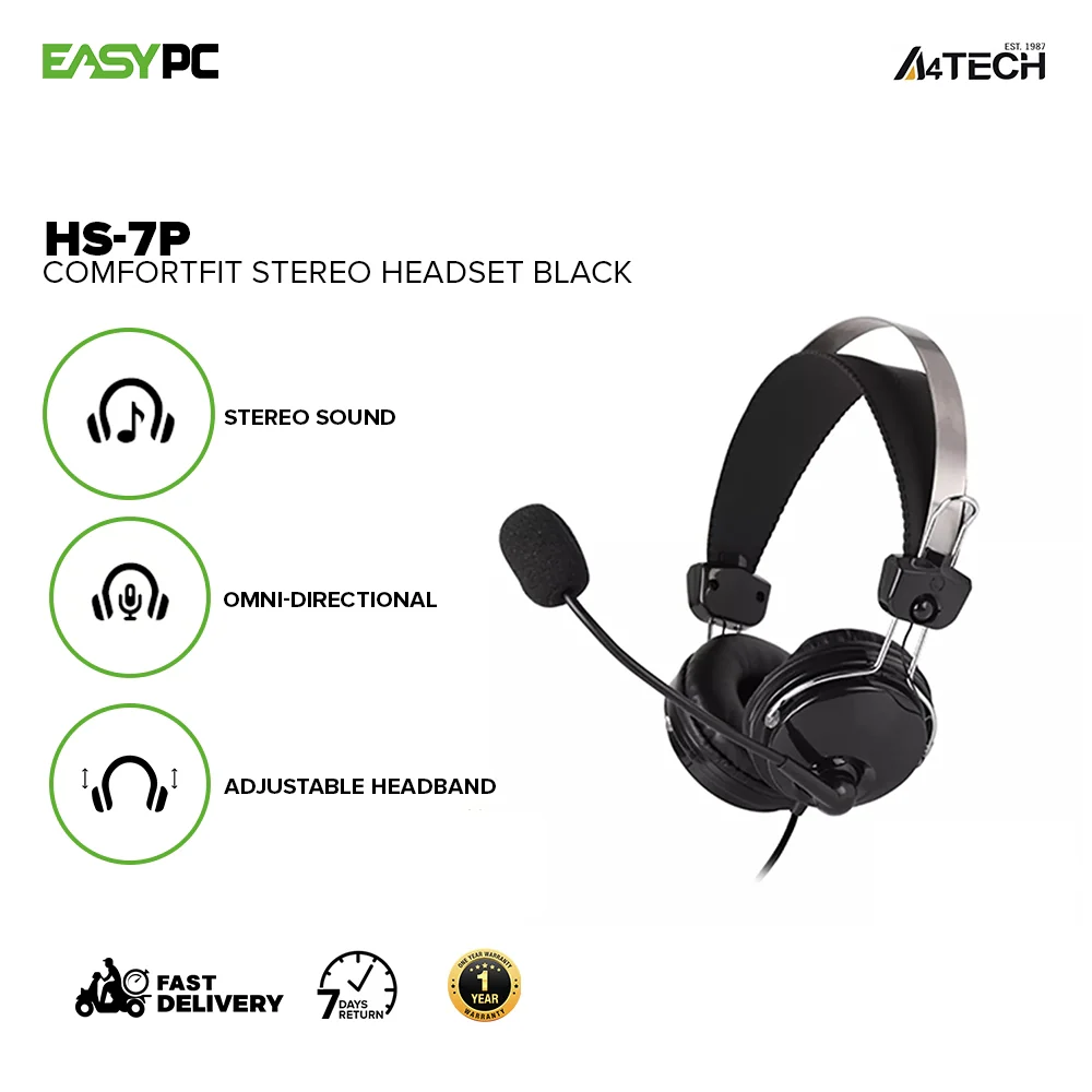 A4Tech HS-7P ComfortFit Stereo Sound Tangle-free Cable, Adjustable Headband, 3.5mm Plug, Volume Switch Headset Black - Image 2
