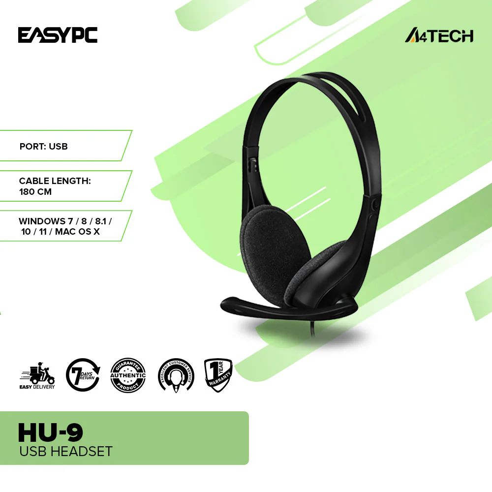 A4Tech HU-9 USB Adjustable Headband Rotatable Mic. Boom Light-Weight Design Headset - Image 2