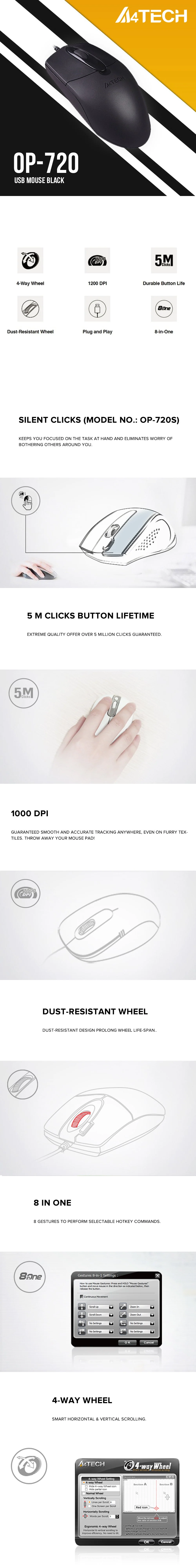 A4Tech OP-720 andÂ OP-720s Usb Plug and Play, Dust resistant wheel, Symmetric Ergonomic Design Wired Mouse Black - Image 10