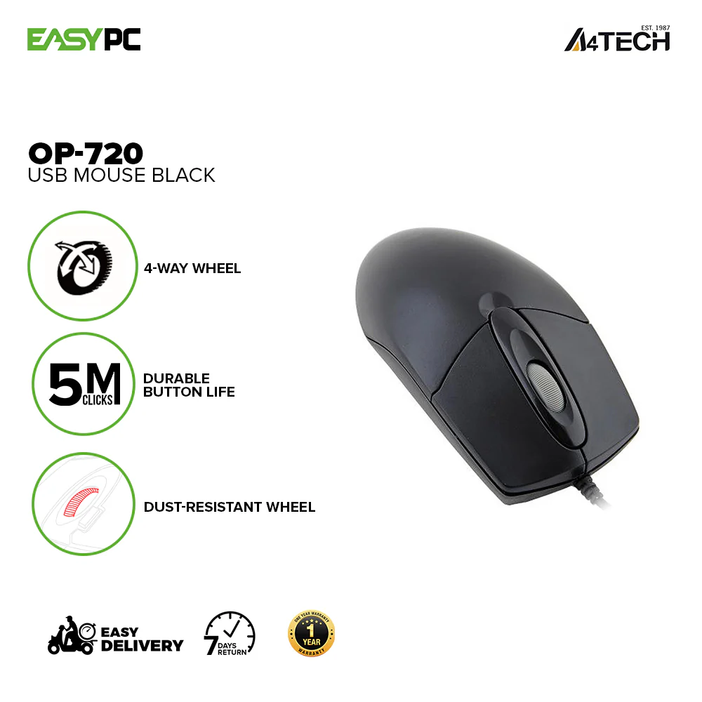 A4Tech OP-720 andÂ OP-720s Usb Plug and Play, Dust resistant wheel, Symmetric Ergonomic Design Wired Mouse Black - Image 2