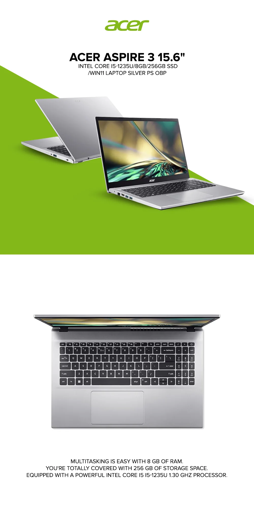 Acer Aspire 3 15.6" Intel Core i5-1235U/4GB+4GB/256GB SSD/Win11 Laptop Silver PS OBP - Image 5