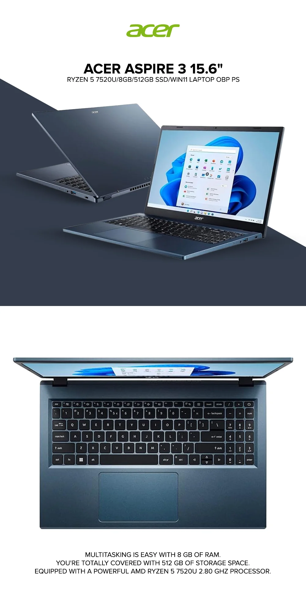 Acer Aspire 3 15.6" Ryzen 5 7520U/8GB/512GB SSD/Win11 Laptop OBP PS - Image 5