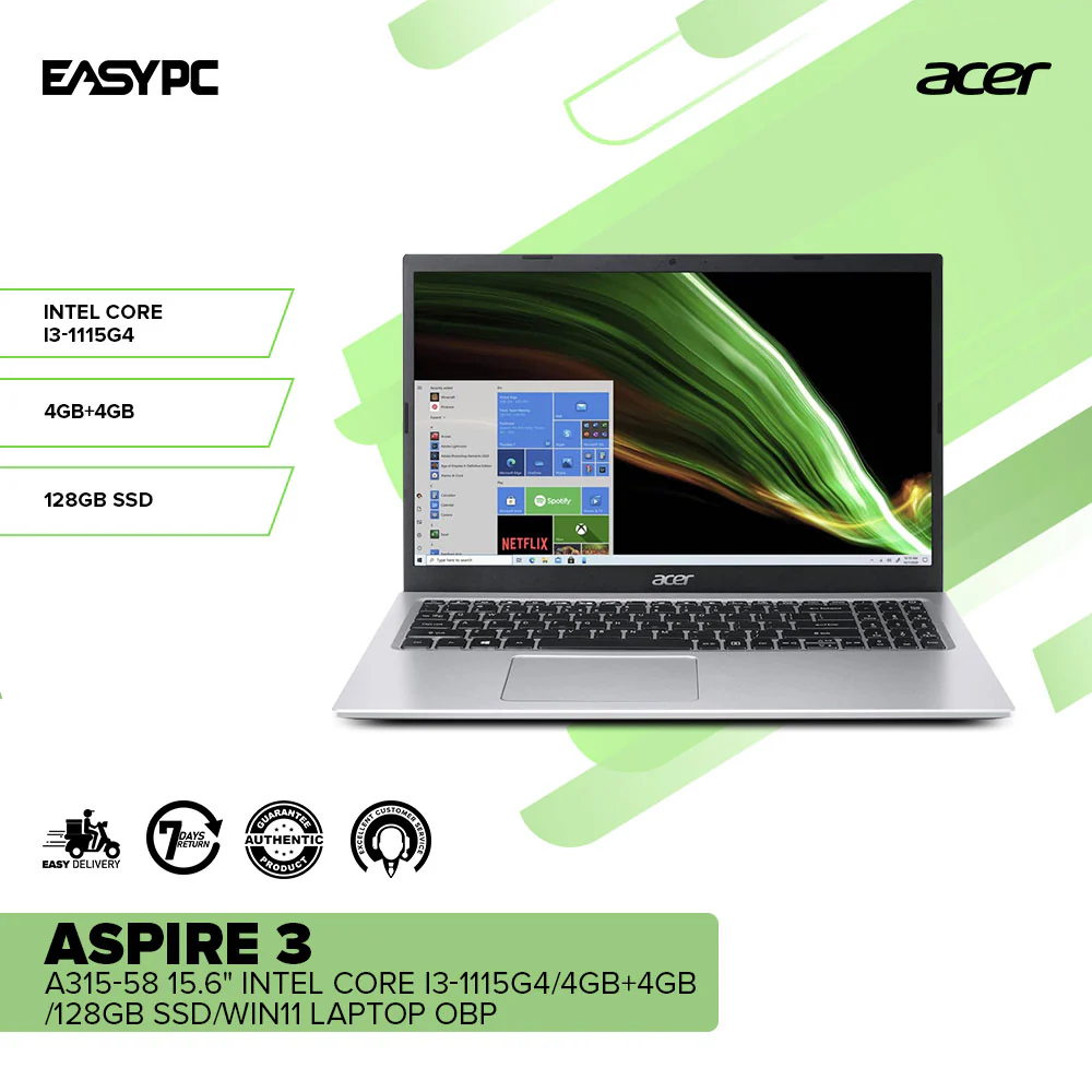 Acer Aspire 3 A315-58 15.6" Intel Core i3-1115G4/4GB/128GB SSD/Win11 Laptop OBP BK - Image 2