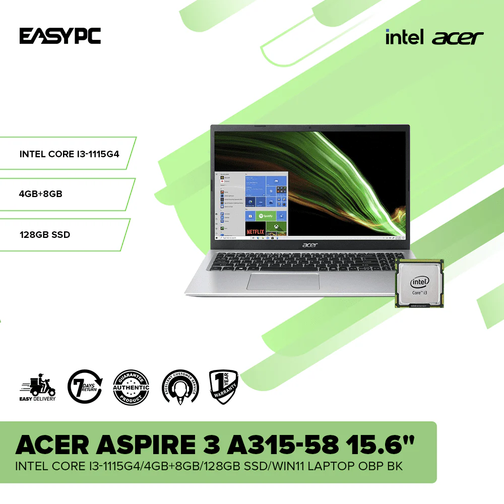 Acer Aspire 3 A315-58 15.6" Intel Core i3-1115G4/4GB+8GB/128GB SSD/Win11 Laptop OBP BK - Image 2