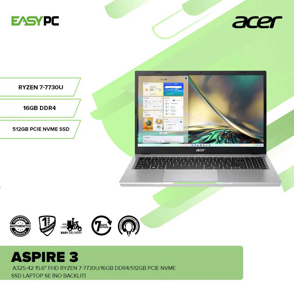 Acer Aspire 3 A325-42 15.6" FHD Ryzen 7-7730U/16GB DDR4/512GB PCIe NVMe SSD Laptop SE (No Backlit) - Image 2