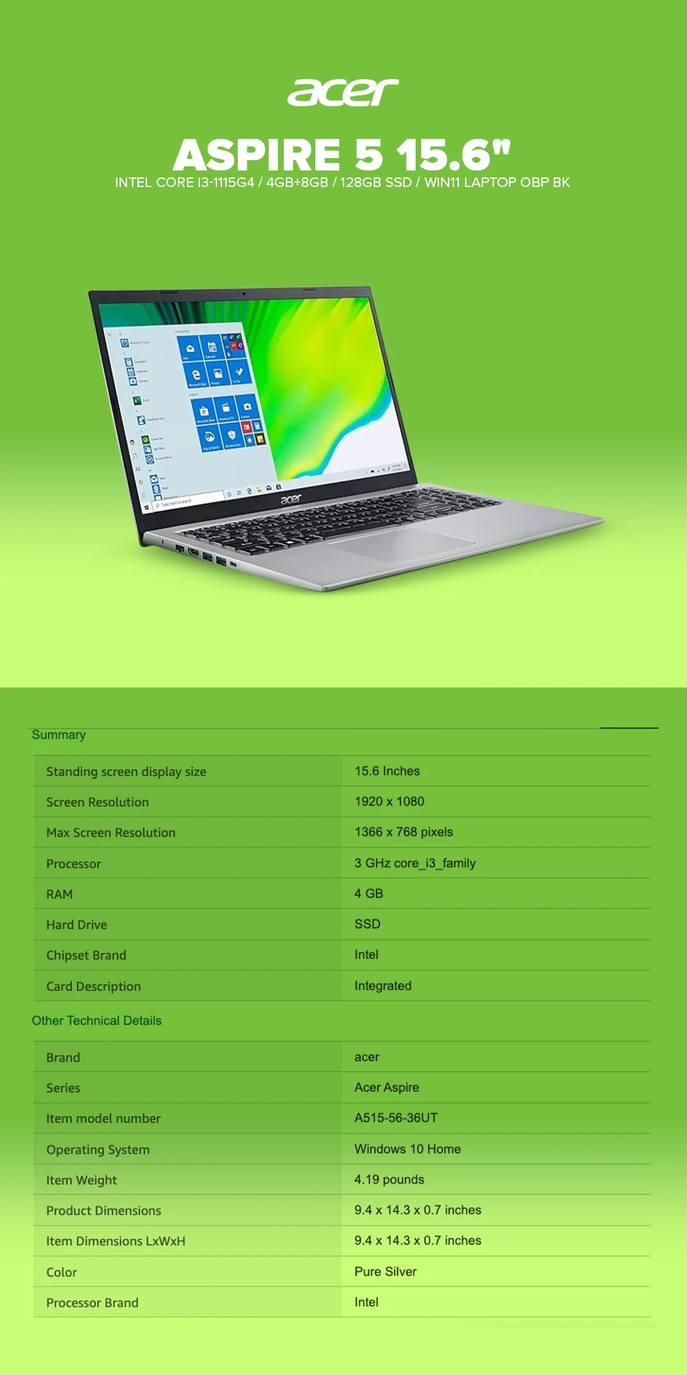 Acer Aspire 5 15.6" Intel Core i3-1115G4/4GB+8GB/128GB SSD/ Win11 Laptop OBP BK - Image 5