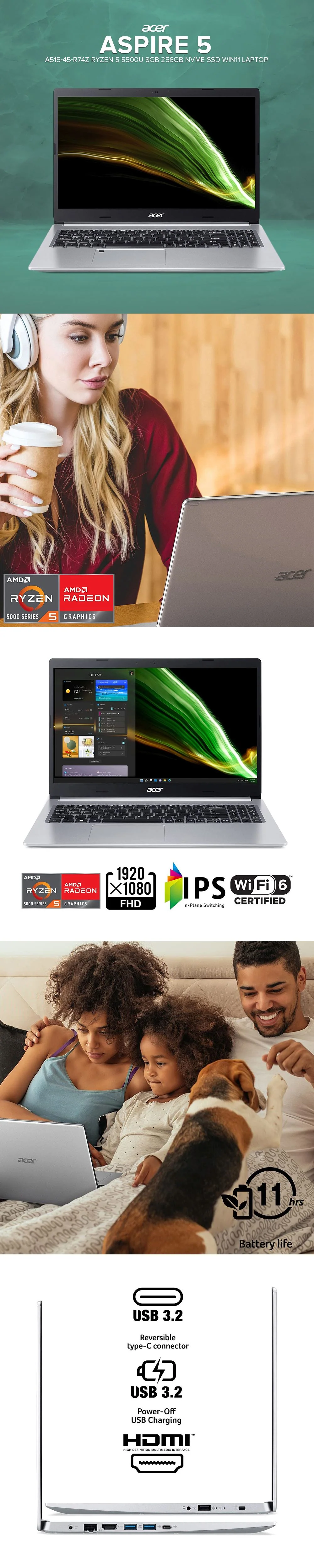 Acer Aspire 5 A515-45-R74Z Ryzen 5 5500U 8GB 256GB NVMe SSD  Win11 Laptop PS - Image 6