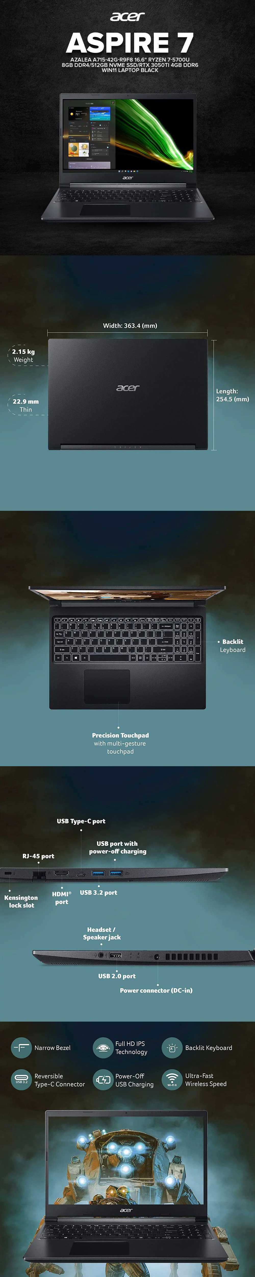 Acer Aspire 7 Azalea A715-42G-R9F8 15.6" Ryzen 7-5700U/8GB DDR4/512GB NVMe SSD/RTX 3050Ti Laptop - Image 6