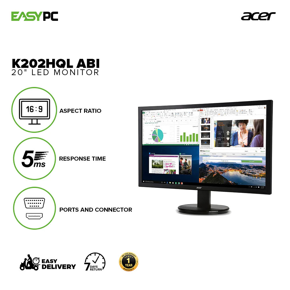 Acer K202HQL Abi 20" (HDMI & VGA port) , HD Gaming monitor Vesa Compatible, Power cord and VGA Cable included LED Monitor - Image 2