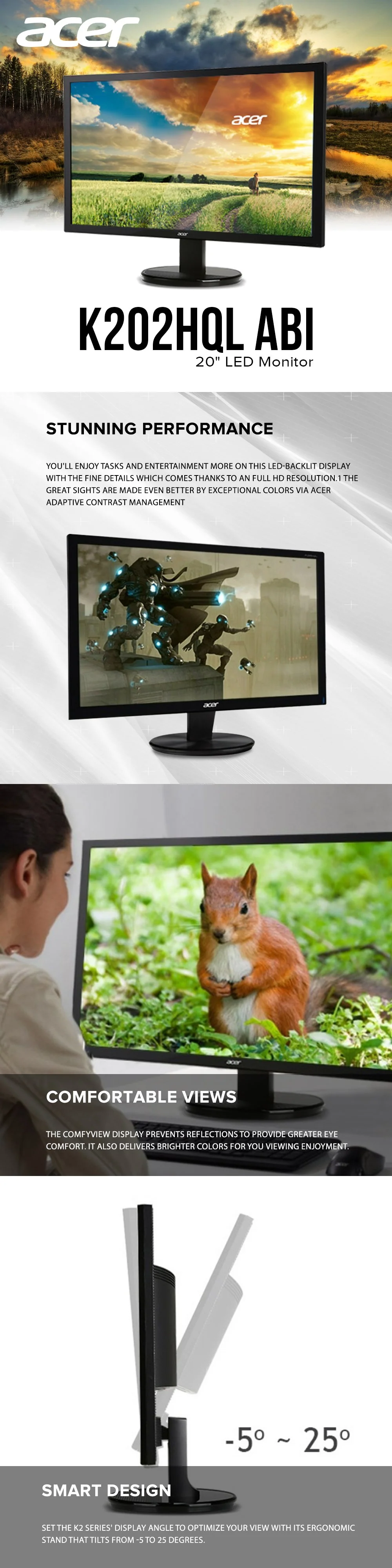 Acer K202HQL Abi 20" (HDMI & VGA port) , HD Gaming monitor Vesa Compatible, Power cord and VGA Cable included LED Monitor - Image 6
