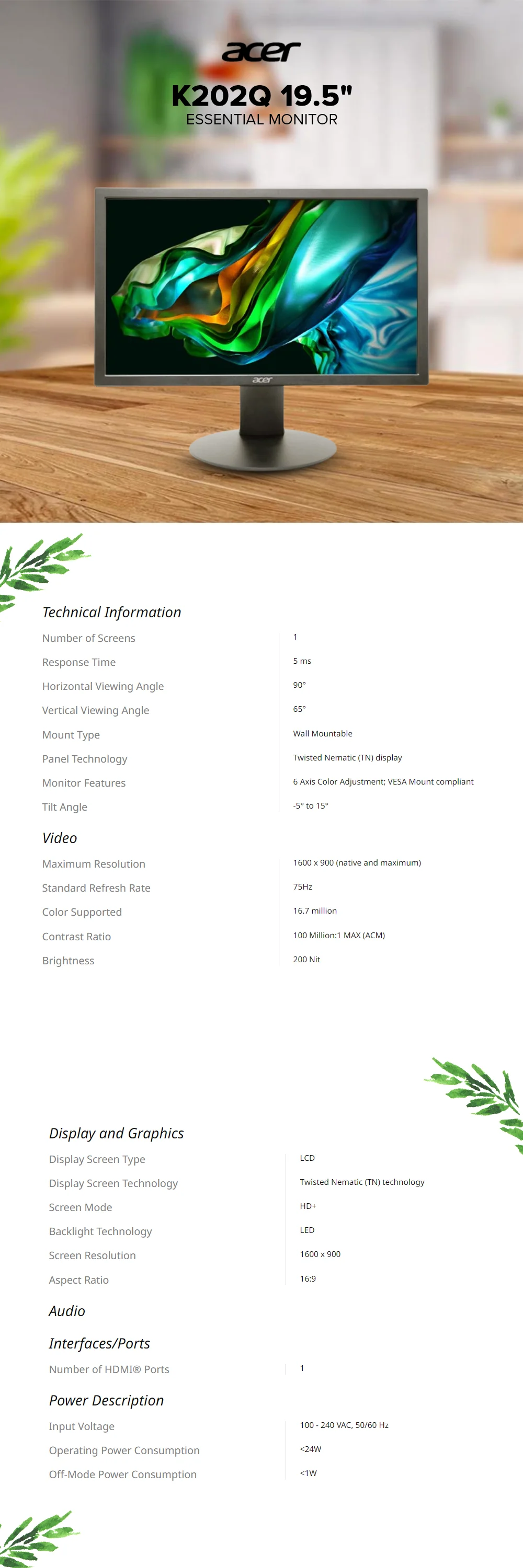 Acer K202Q 19.5" Essential Monitor - Image 5