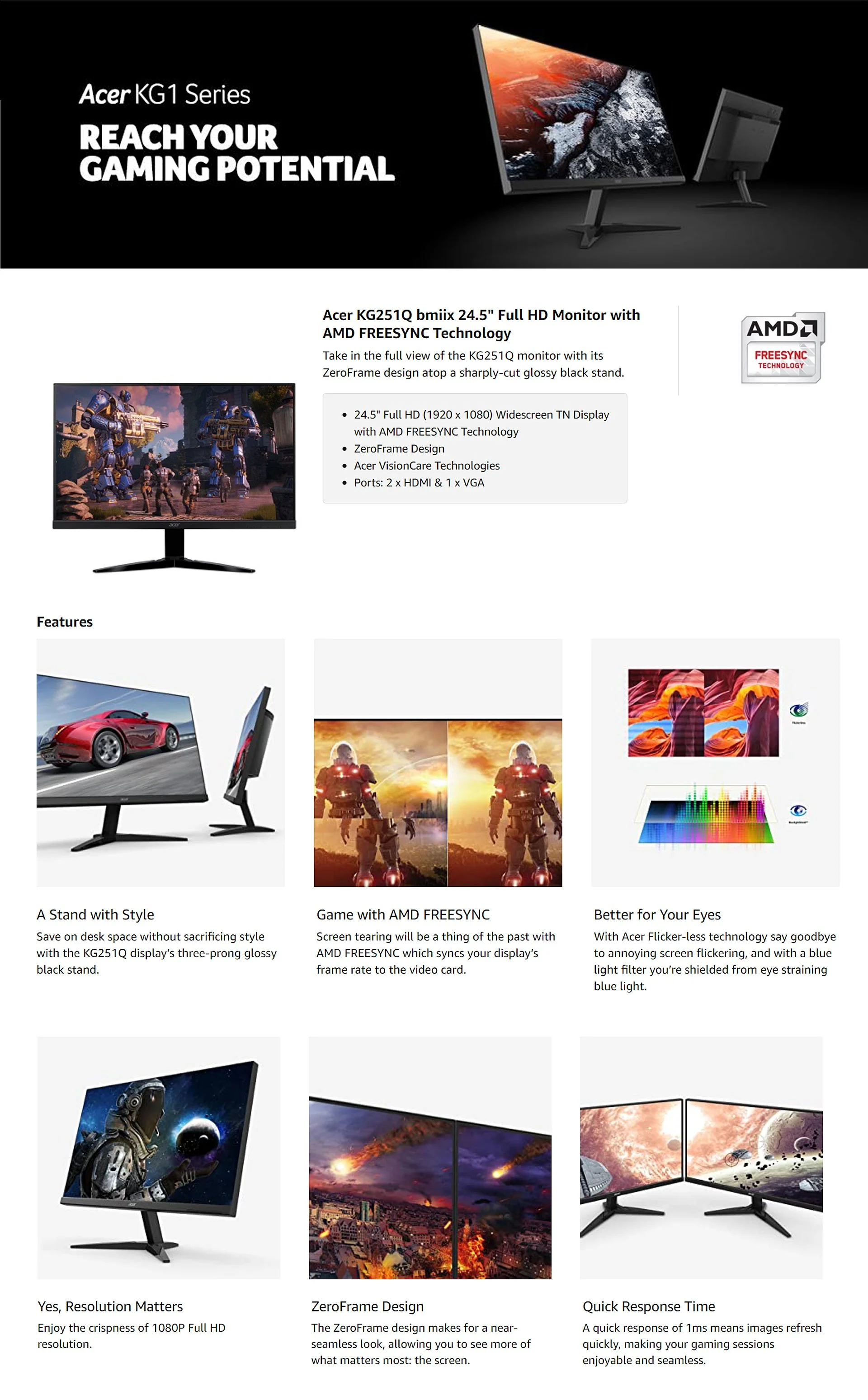 Acer KG1 KG251Q 144Hz FreeSync 24.5" Gaming Monitor - Image 6