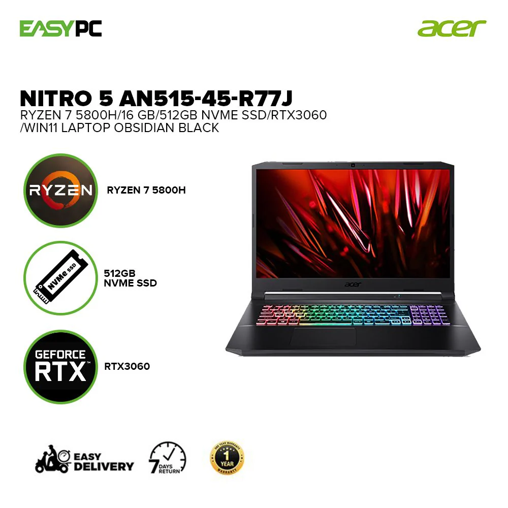 Acer Nitro 5 AN515-45-R77J 15.6" IPS R7 5800H 16 GB 512GB NVMe SSD RTX3060 Windows 11 Laptop - Image 2