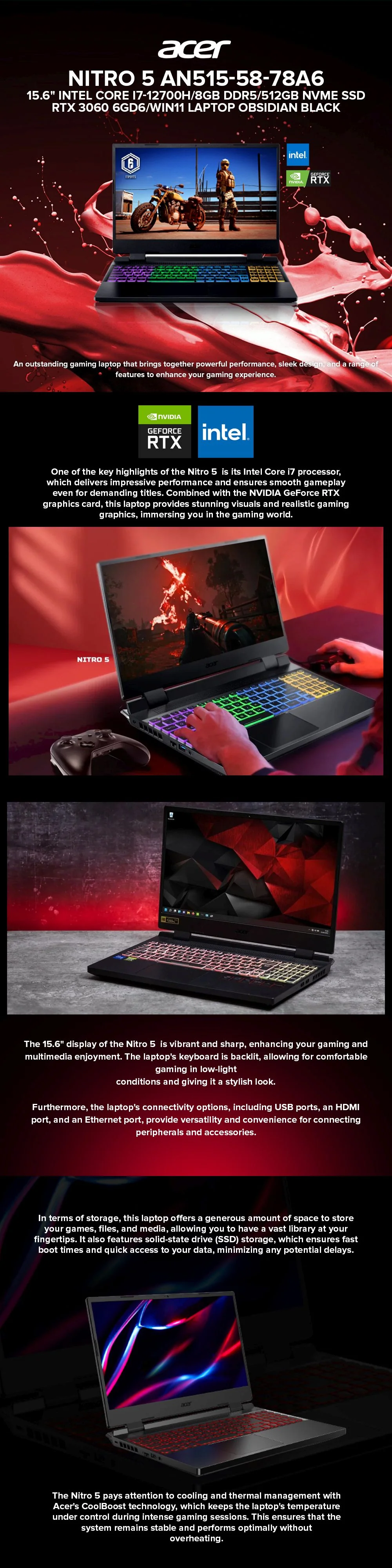 Acer Nitro 5 AN515-58-78A6 15.6" Intel Core i7-12700H Win11 Laptop Obsidian Black - Image 5