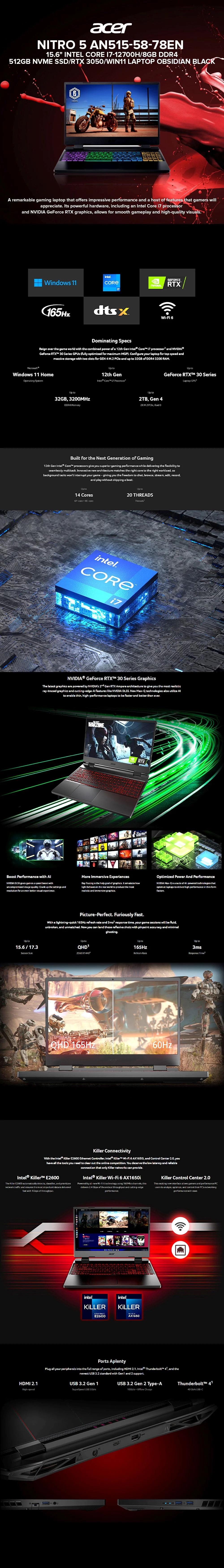 Acer Nitro 5 AN515-58-78EN 15.6" Intel Core i7-12700H Win11 Laptop Obsidian Black - Image 5