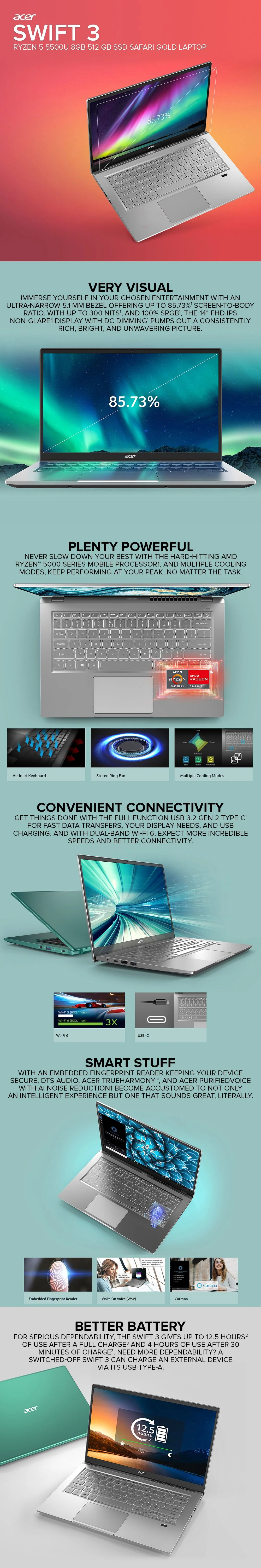 Acer Swift 3 SF314-43-R06N 14" Ryzen 5 5500U AMD Radeon 8GB 512 GB SSD Windows11 Laptop Safari Gold - Image 6