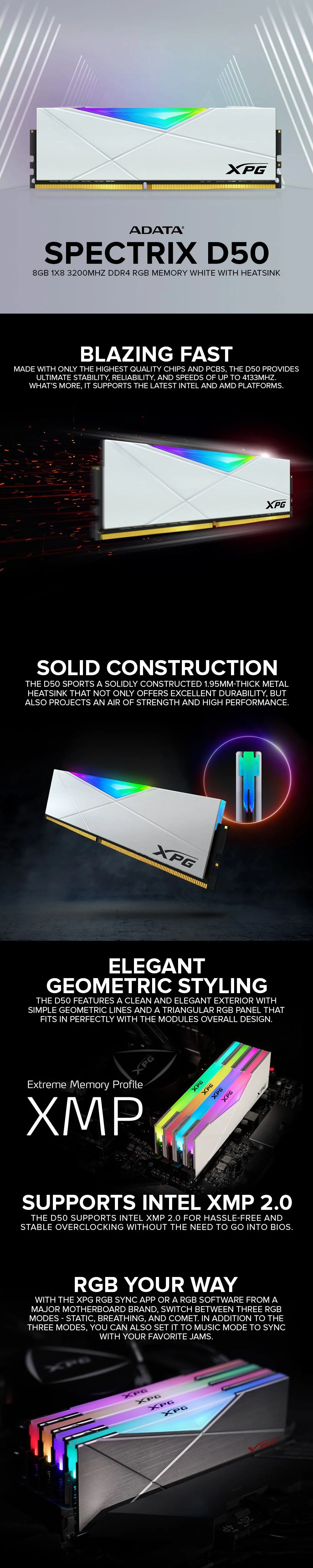 Adata Spectrix D50 8gb 1x8 3200mhz Ddr4 RGB Memory White with Heatsink - Image 6