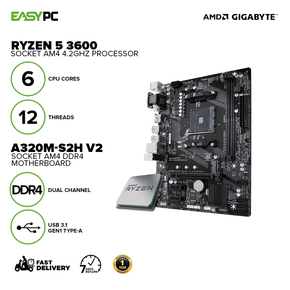 AMD Ryzen 5 3600 Processor + Gigabyte A320M-S2H V2 Motherboard Bundles - Image 2