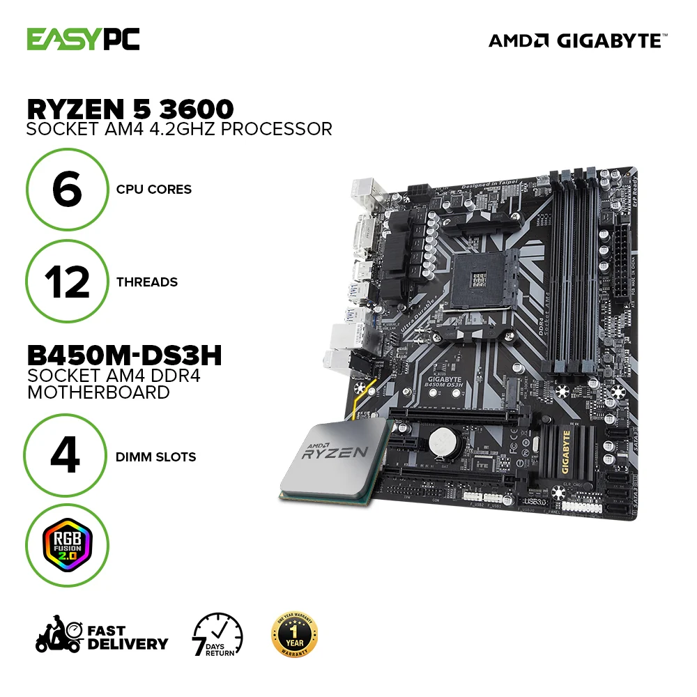 AMD Ryzen 5 3600 Processor + Gigabyte B450M-DS3H Motherboard Bundles - Image 2
