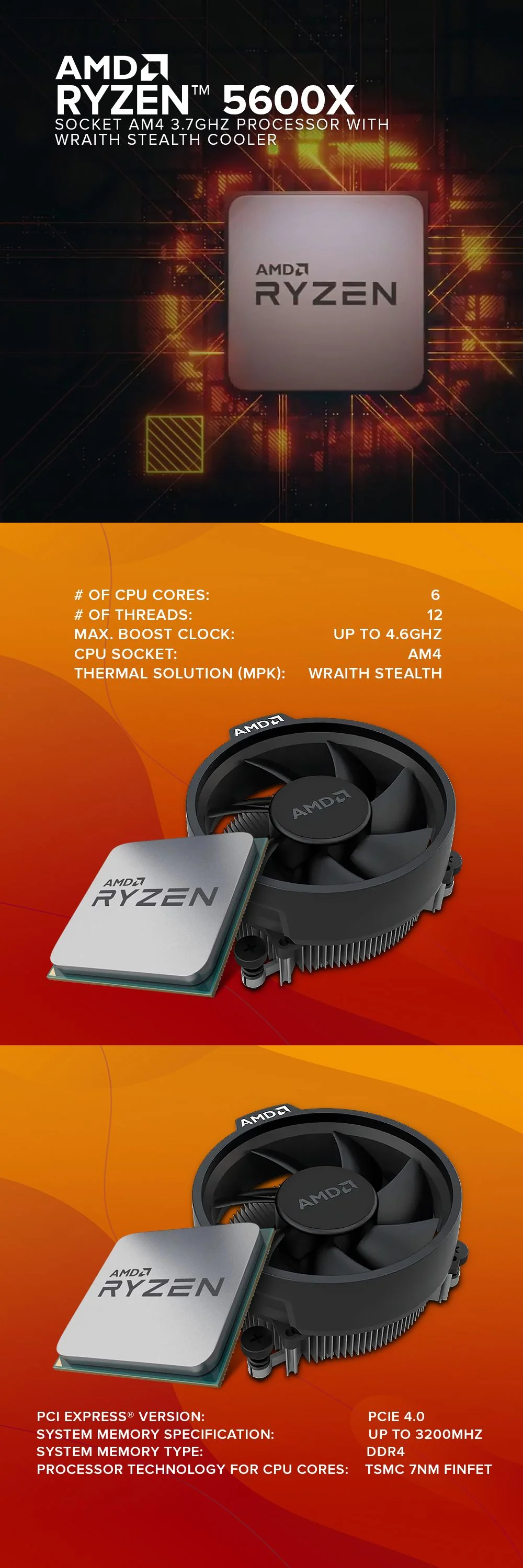 AMD Ryzen 5 5600X 6-Core 12-Thread AM4 3.7GHz Gaming Processor with Wraith Stealth Cooler MPK - Image 5