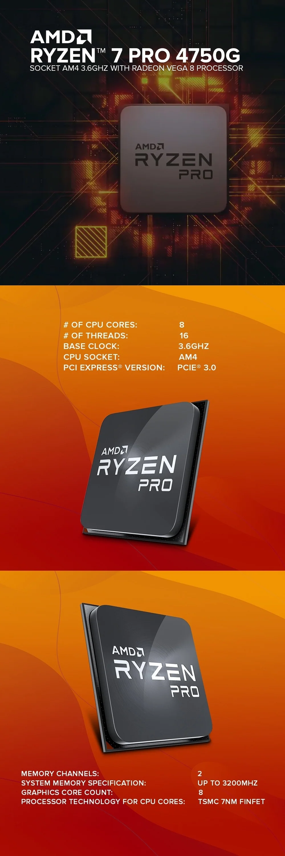 AMD Ryzen 7 Pro 4750G Socket Am4, 16 Thread, 8 CPU Cores, 3.6ghz with Radeon Vega 8 PCIe 3.0 Processor - No Box - Image 6