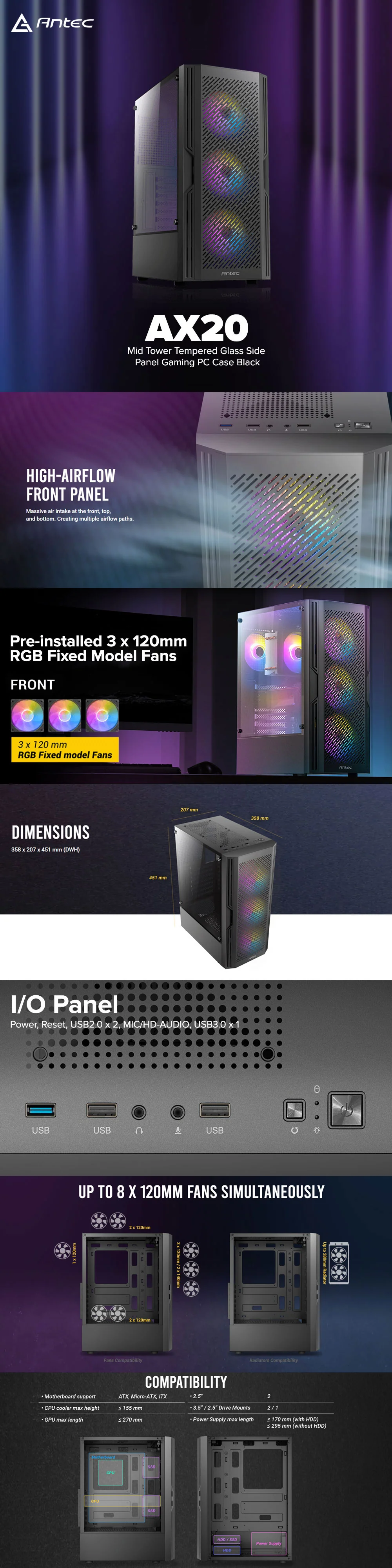 Antec AX20 Mid Tower Tempered Glass Side Panel Gaming PC Case Black - Image 6