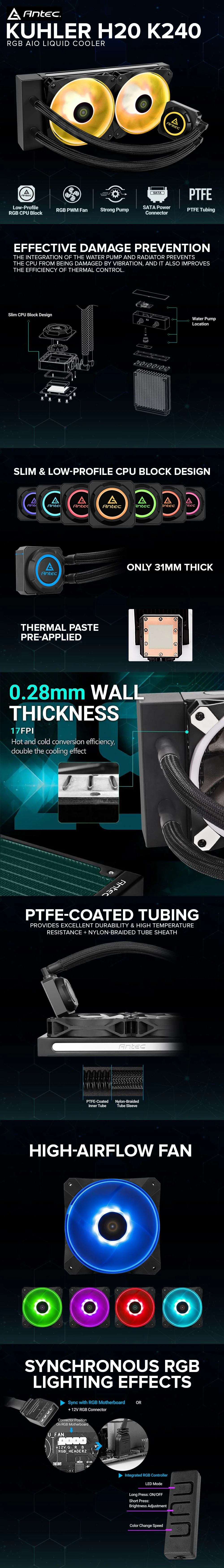 Antec Kuhler H20 K240 and K120 RGB PWM Fan, Strong Pump, Slim & Low-Profile Block Design AIO Liquid Cooler 19GLO - Image 11