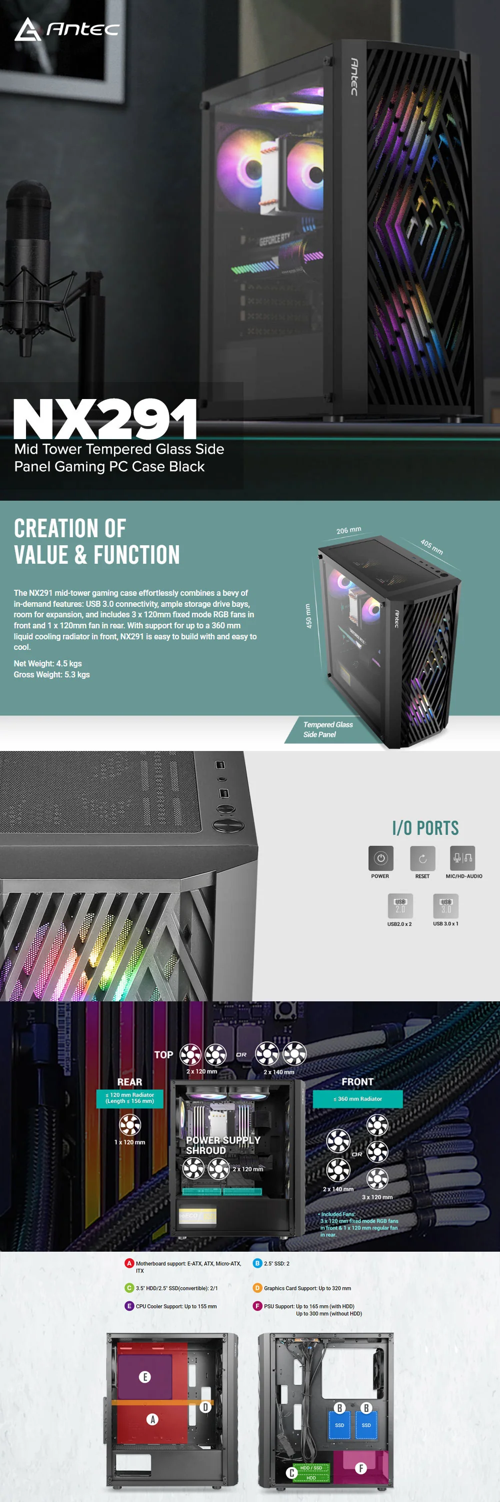 Antec NX291 Mid Tower Tempered Glass Side Panel Gaming PC Case Black - Image 6