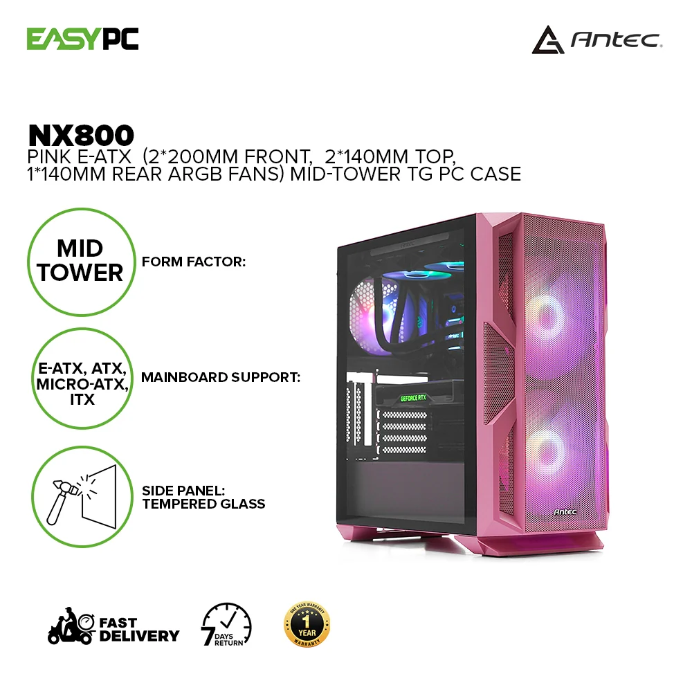 Antec NX800 Pink E-ATX Mid-Tower TG PC Case (2*200mm Front, 2*140mm Top, 1*140mm Rear ARGB Fans) 19GLO ANNX2642 - Image 2