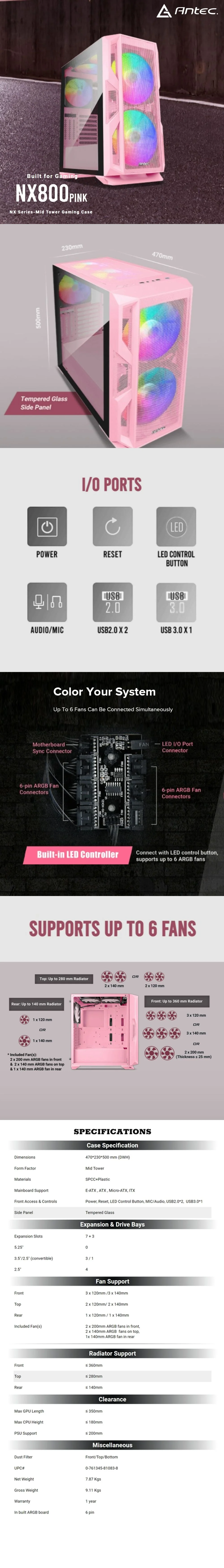 Antec NX800 Pink E-ATX Mid-Tower TG PC Case (2*200mm Front, 2*140mm Top, 1*140mm Rear ARGB Fans) 19GLO ANNX2642 - Image 6