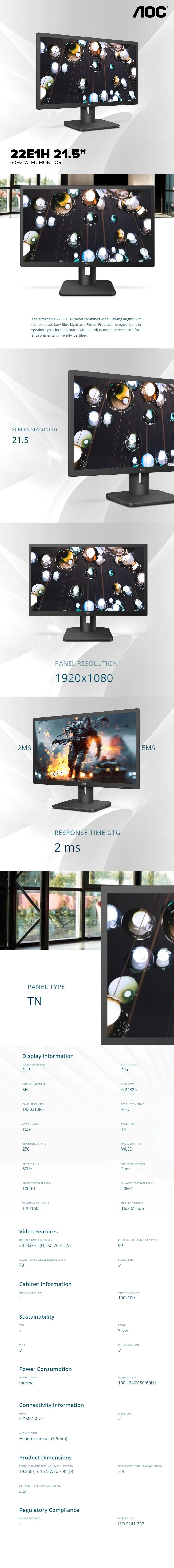 AOC 22E1H 21.5" 60Hz 1900x1080 Monitor, 2ms, 20M:1 dynamic contrast ratio, FlickerFree, HDMI/VGA, VESA compatible, EnergyStar WLED Monitor - Image 6
