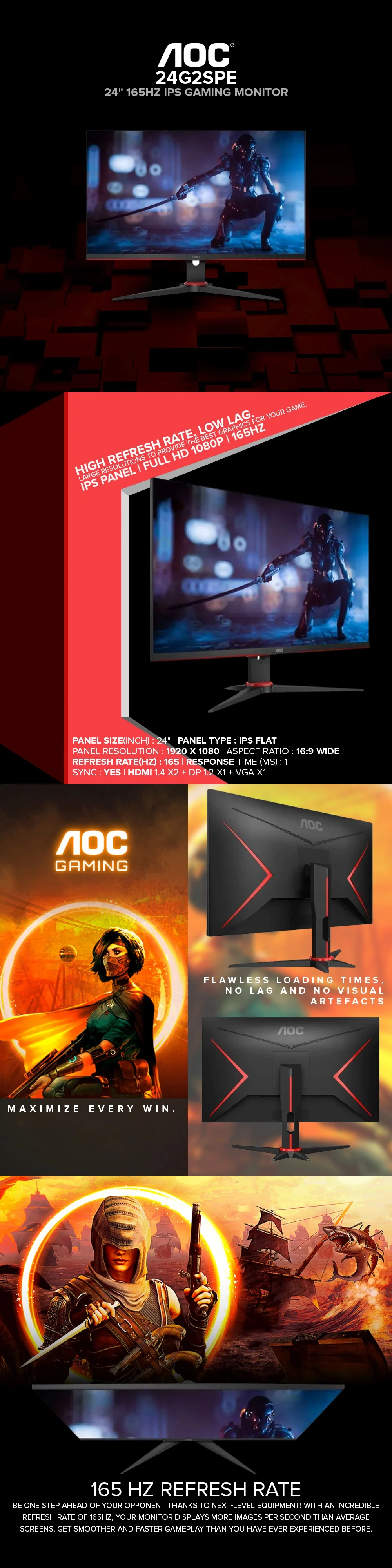 AOC 24G2SPE 24" 165Hz IPS Gaming Monitor Black/Red - Image 6