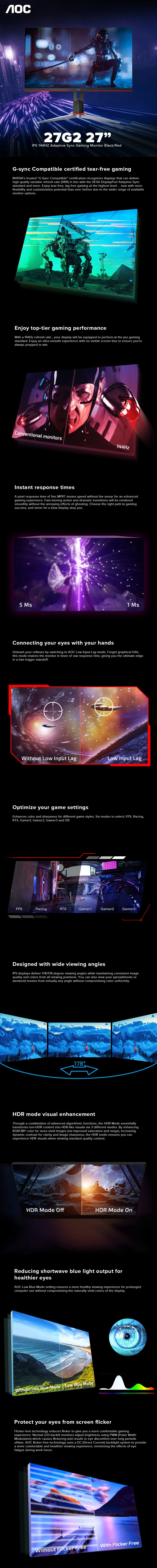 AOC 27G2 27"IPS 144HZ Adaptive Sync, G-Sync Compatible, 1ms, HDR Mode, Adjustable Stand, Designed w/ wide viewing angles Gaming Monitor Black/Red - Image 6