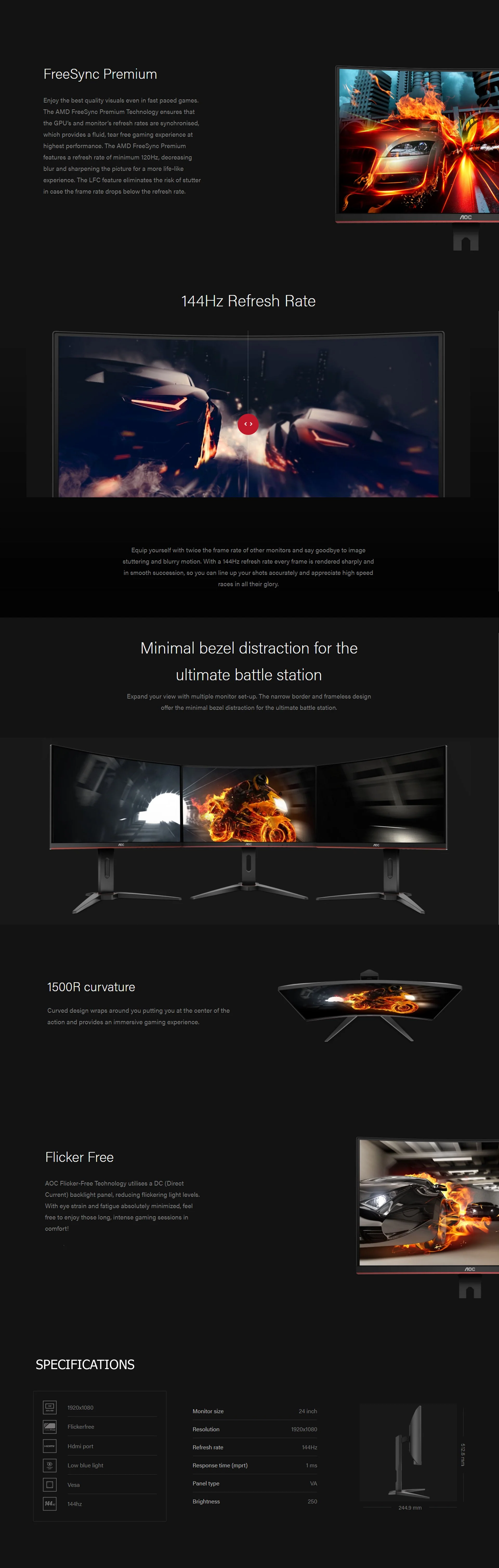 AOC Agon C24G1 24" 144Hz Curved Freesync Gaming Monitor - Image 8