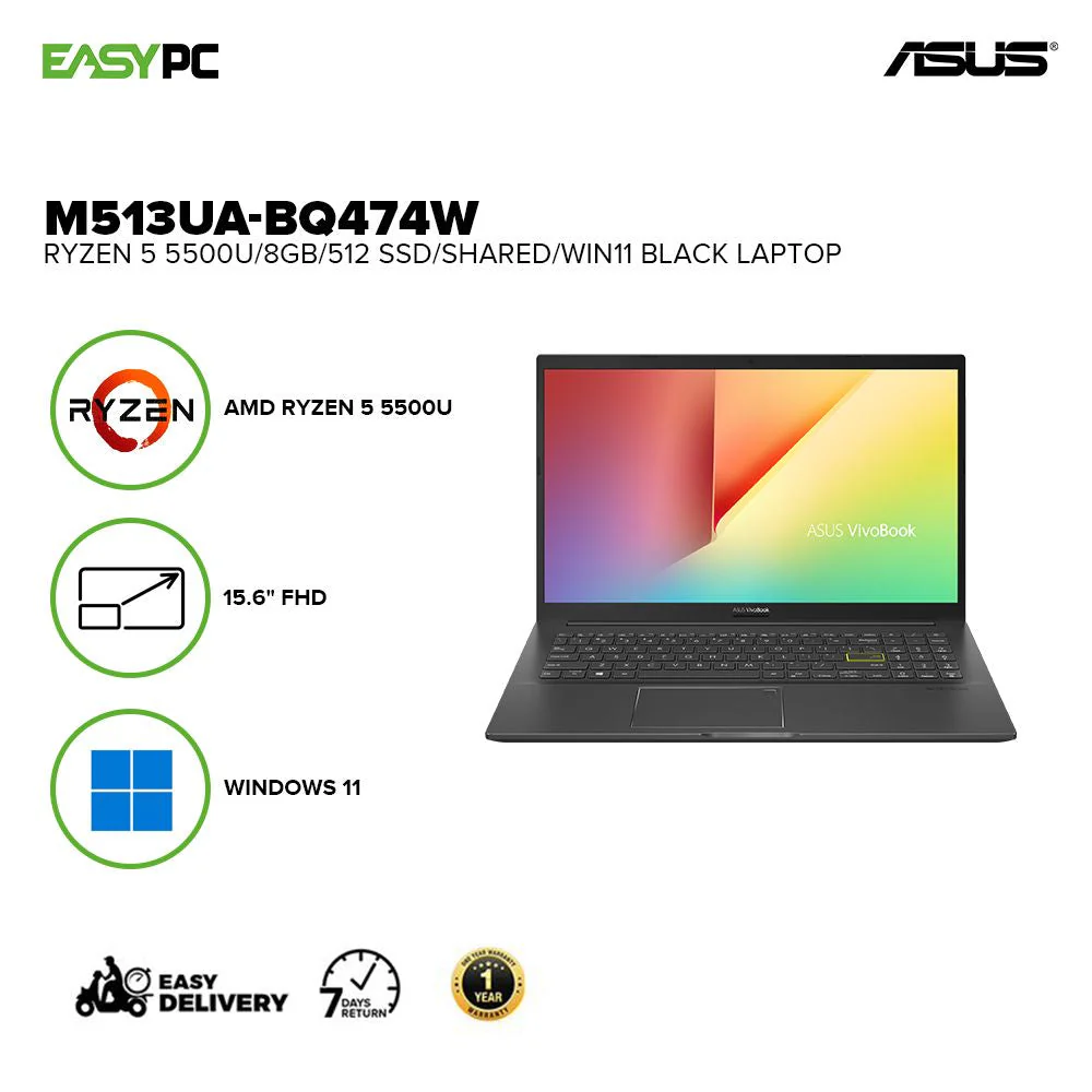 Asus M513Ua-Bq474W Ryzen 5 5500U/8Gb/Win11/Shared 512 Ssd Laptop Home And Office Black - Image 2