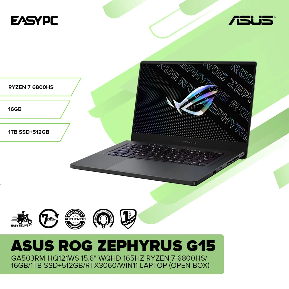 Asus ROG Zephyrus G15 15.6" WQHD 165Hz Ryzen 7-6800HS/16GB/1TB SSD+512GB/RTX3060/Win11 Laptop OB - Image 2