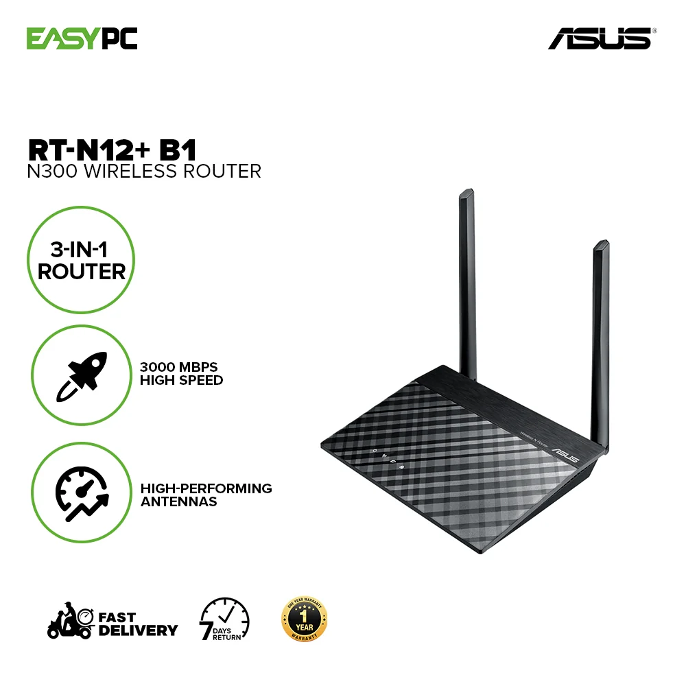 ASUS RT-N12+ B1 N300,3-in-1 Router, 3000 MBPS high speed, Repeater Access Point wireless modes 2 external high-performance antennas Wireless Router - Image 2