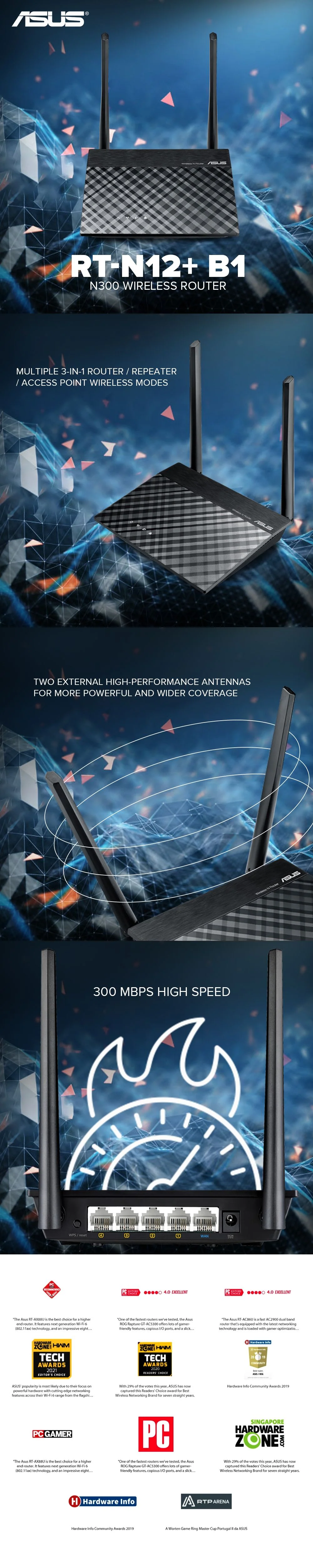 ASUS RT-N12+ B1 N300,3-in-1 Router, 3000 MBPS high speed, Repeater Access Point wireless modes 2 external high-performance antennas Wireless Router - Image 6