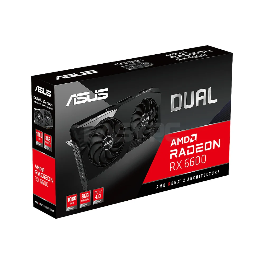 Asus Rx 6600 Dual DUAL-RX6600-8G 8gb 128bit GDdr6, Powerhouse 1080p Performance, AMD RDNA 2 Architecture, Dual Ball Fan Bearings, Axial-tech Fan Design Gaming Videocard