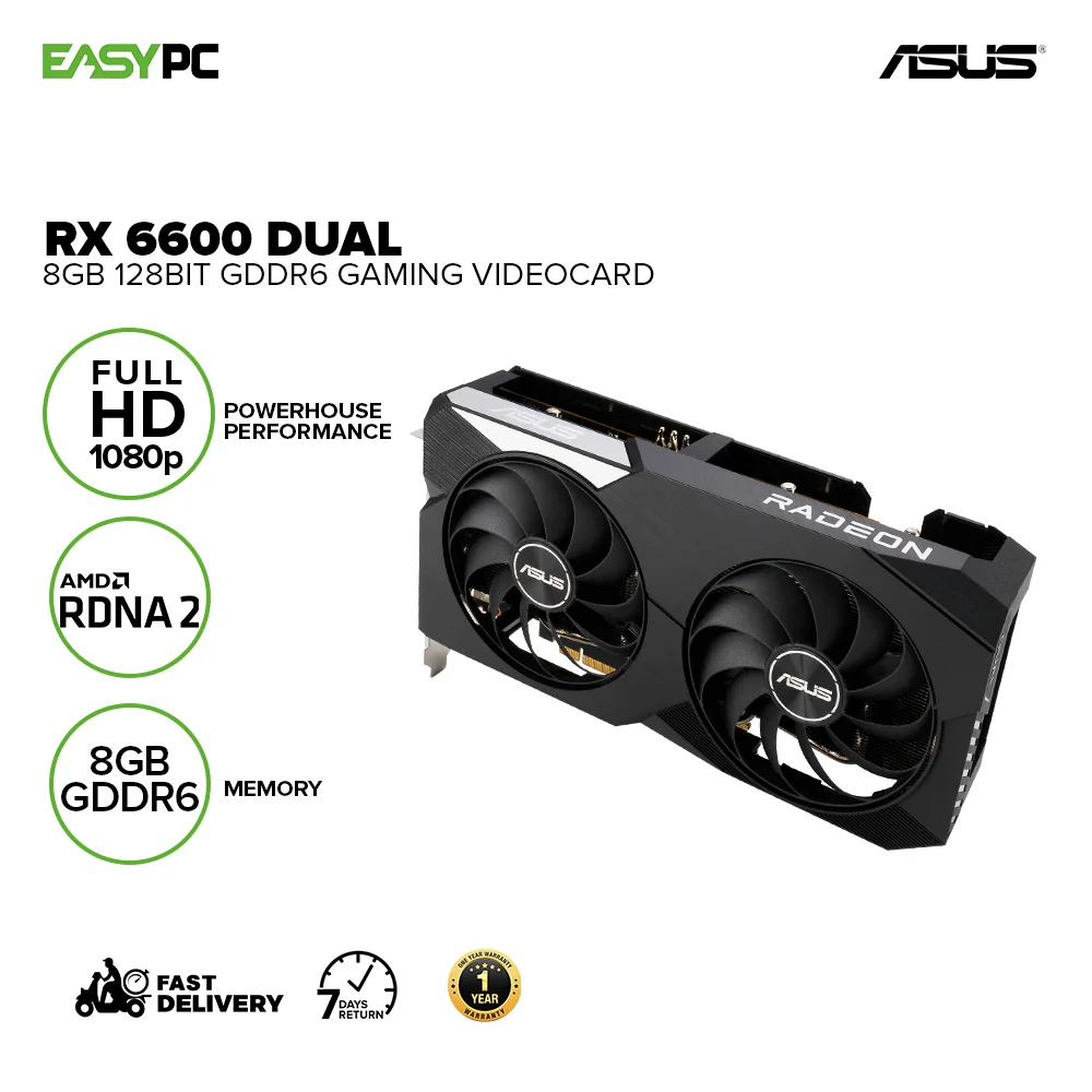 Asus Rx 6600 Dual DUAL-RX6600-8G 8gb 128bit GDdr6, Powerhouse 1080p Performance, AMD RDNA 2 Architecture, Dual Ball Fan Bearings, Axial-tech Fan Design Gaming Videocard - Image 2