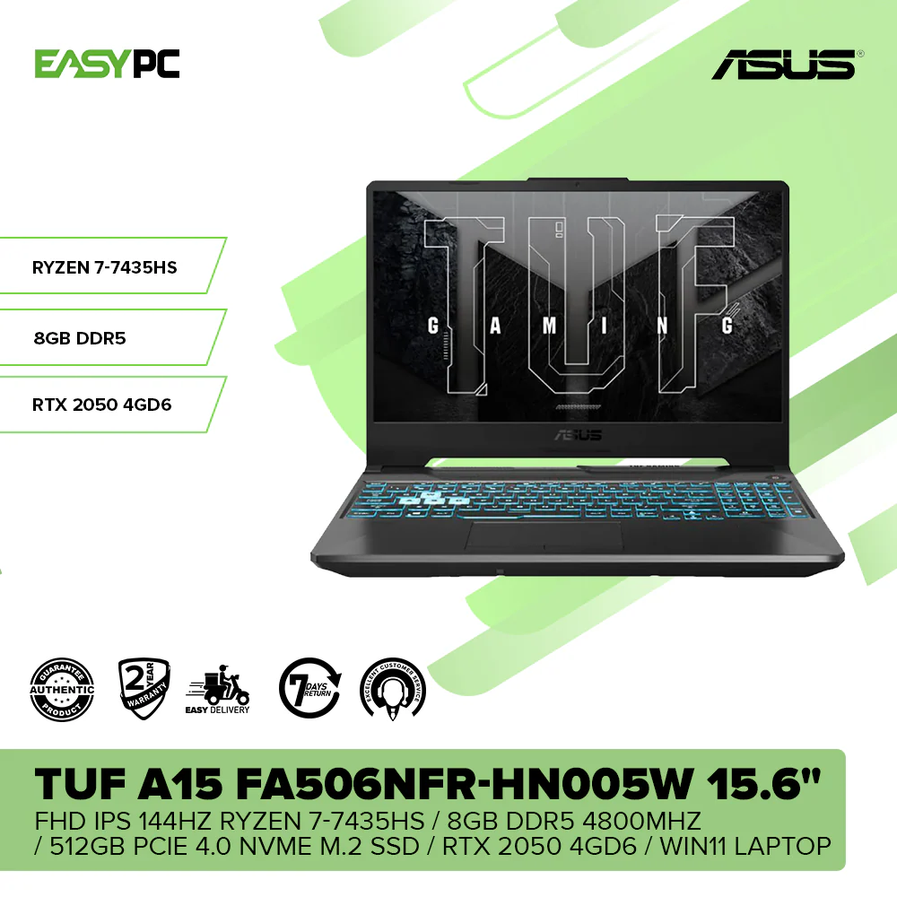 Asus TUF A15 FA506NFR-HN005W 15.6" FHD IPS 144Hz Ryzen 7-7435HS/8GB DDR5 4800MHz/512GB PCIe 4.0 NVMe M.2 SSD/ RTX 2050 4GD6/Win11 Laptop - Image 2