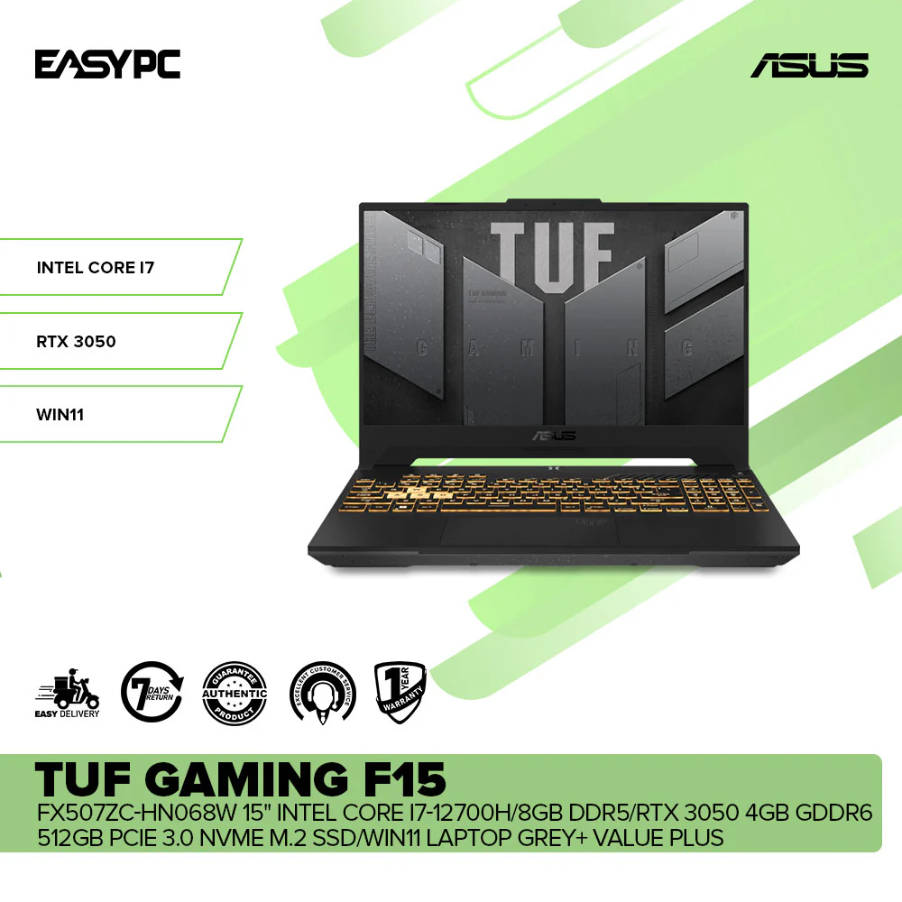 Asus TUF Gaming F15 FX507ZC-HN068W 15" i7-12700H/8GB DDR5/RTXÂ 3050 4GB GDDR6/512GB SSD/Win11 Laptop - Image 2