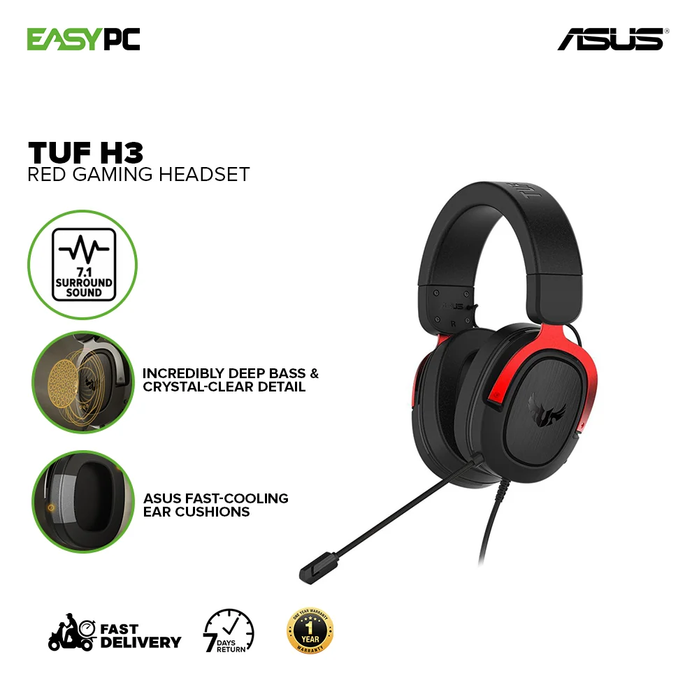 Asus TUF Gaming H3 7.1 Gaming Headset Gun Metal/ Red/ Silver - Image 7