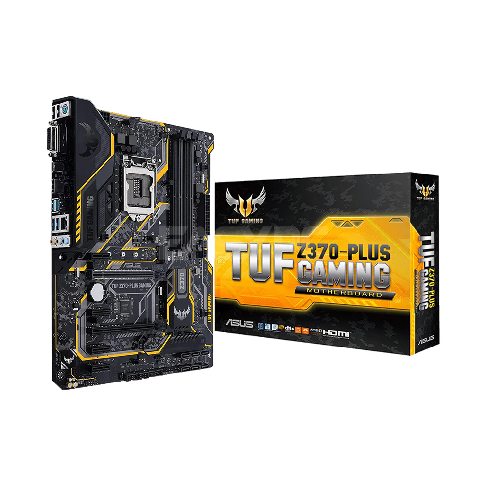 ASUS TUF Z370 Plus Gaming LGA 1151 ATX gaming motherboard with Aura Sync RGB LED lighting, DDR4 4000MHz support, 32Gbps M.2, Intel Optane memory ready, and USB 3.1 Gen 2 Gaming Motherboard
