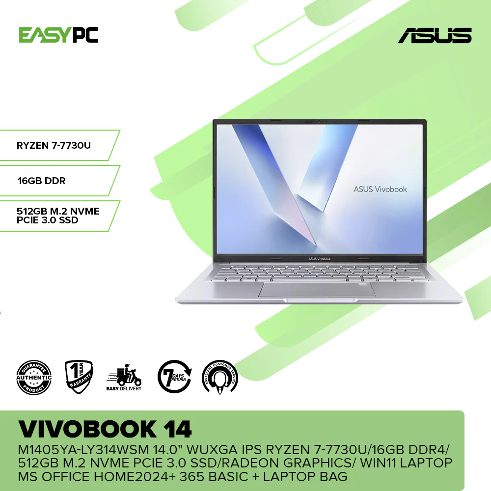 Asus Vivobook 14 M1405YA-LY314WSM 14.0" WUXGA IPS Ryzen 7-7730U/16GB DDR/512GB M.2 NVMe PCIe 3.0 SSD/Radeon Graphics/Win11 Laptop MS Office Home2024+ 365 Basic + Laptop Bag - Image 2