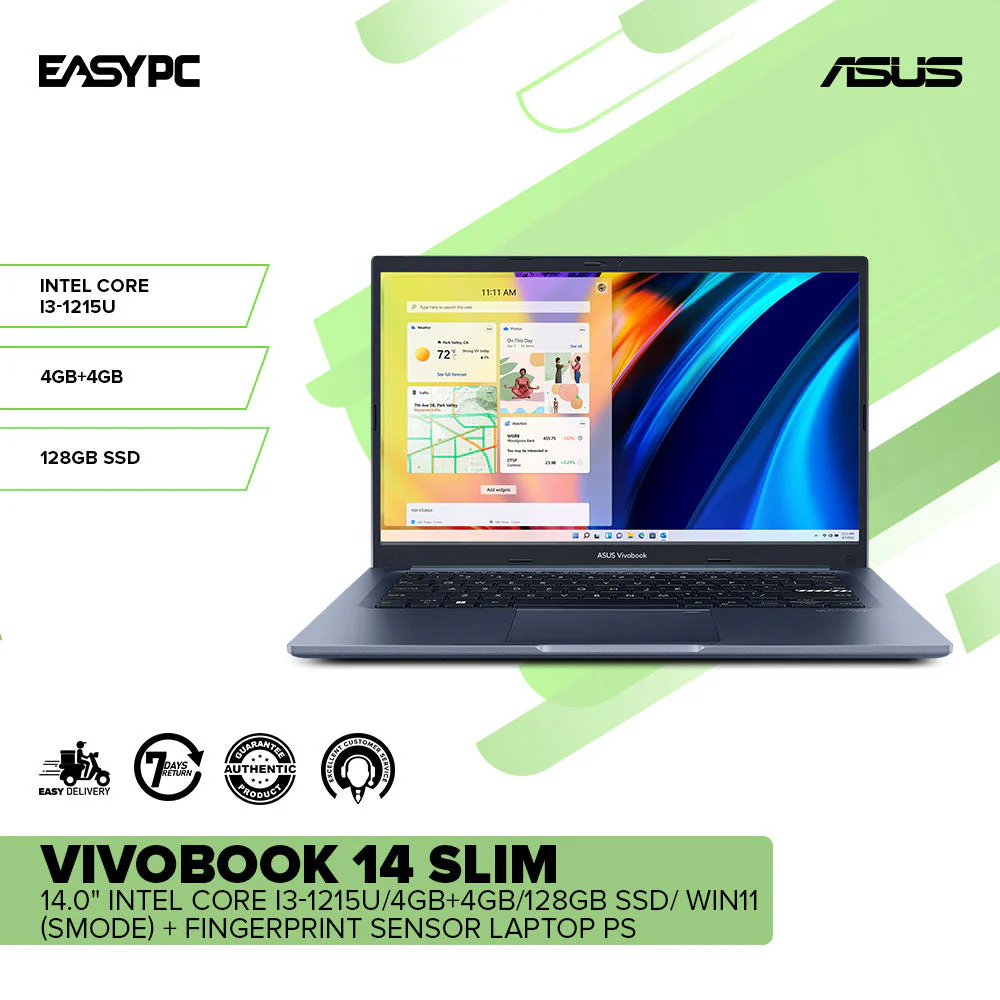 ASUS VivoBook 14 Slim 14.0" Intel Core i3-1215U/4GB+4GB/128GB SSD Laptop PS BK - Image 2
